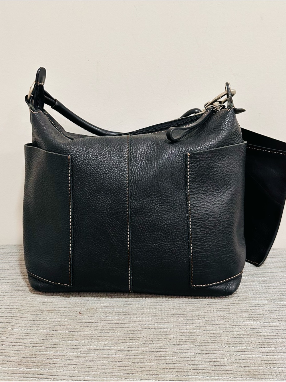 PETER KENT Black Pebbled Leather Hobo Shoulder Bag Handbag With Pouch Genuine